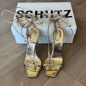 Schutz Sleek Gold Strappy Heels